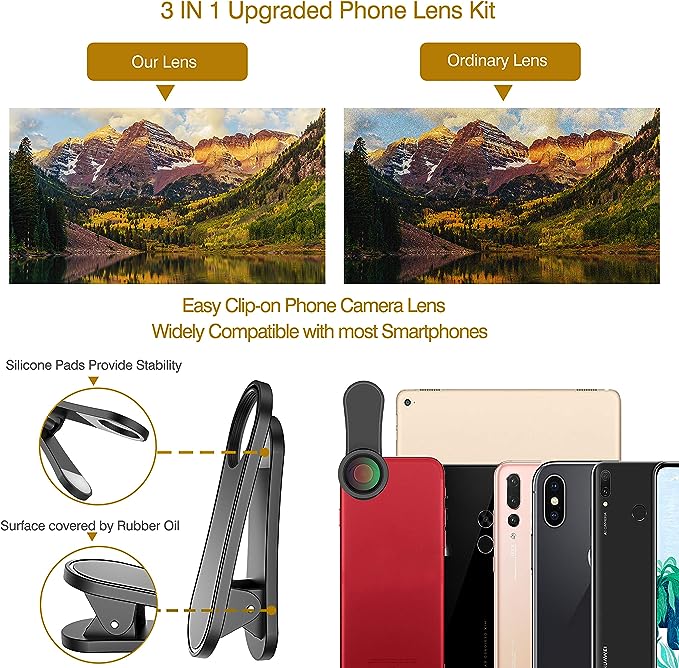 Upgraded 3 in 1 Phone Camera Lens kit-198° Fisheye Lens + Macro Lens + 120° Wide Angle Lens,Clip on Cell Phone Lens Kit Compatible with iPhone Samsung Android Smartphones seerbeauty