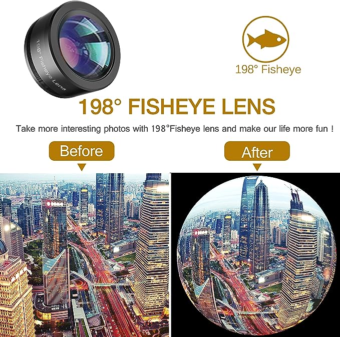 Upgraded 3 in 1 Phone Camera Lens kit-198° Fisheye Lens + Macro Lens + 120° Wide Angle Lens,Clip on Cell Phone Lens Kit Compatible with iPhone Samsung Android Smartphones seerbeauty